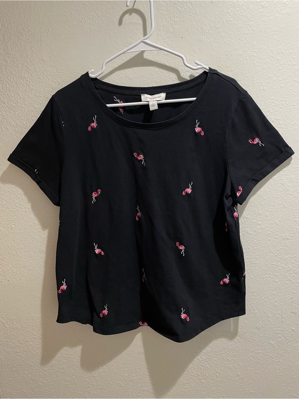 Whimsical Tropical Embroidered Flamingo Tee 🦩 Black Casual Cuffed Shirt